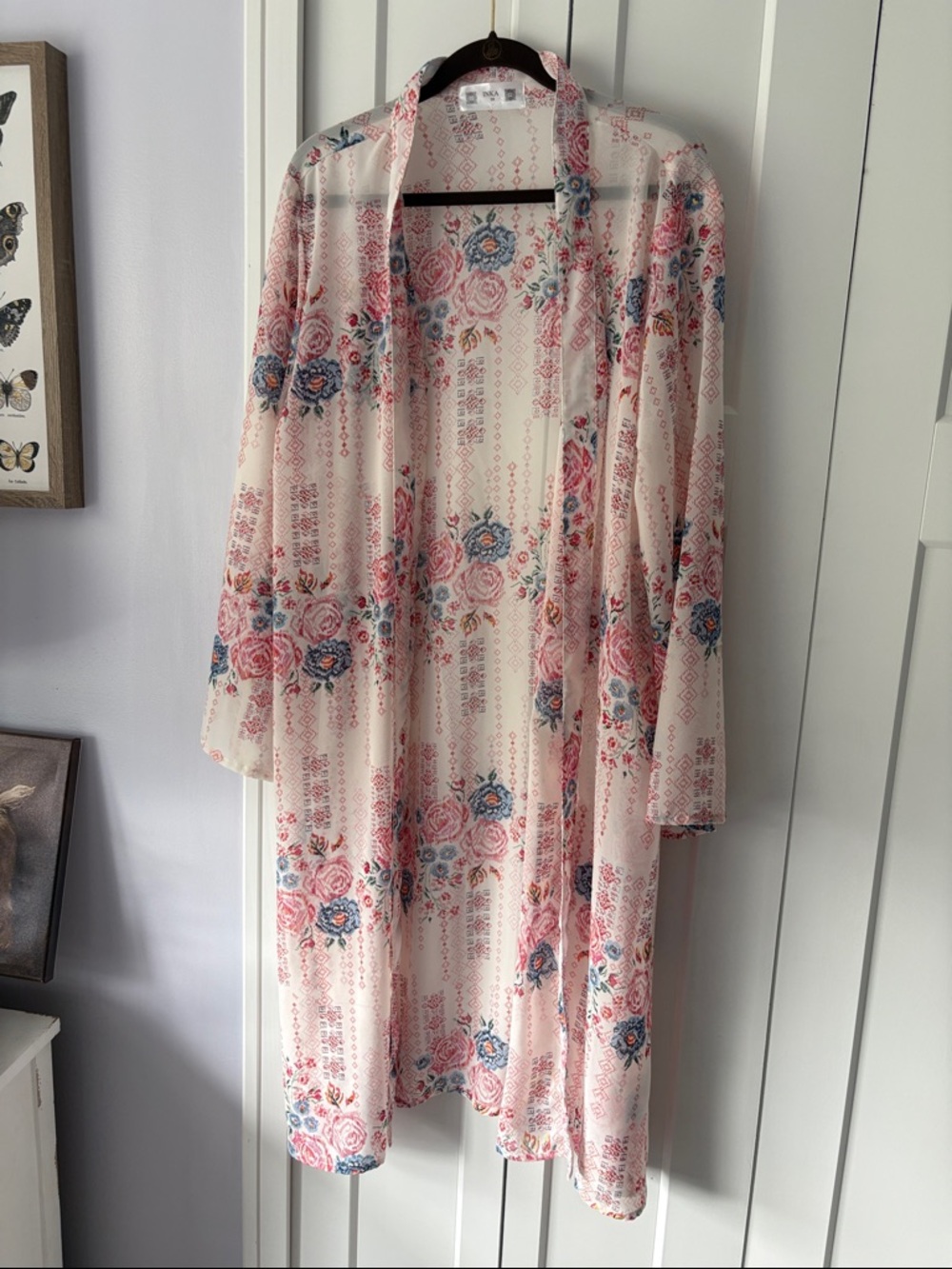 INKA Light Pink/off white Geometrical Floral Sheer Coverup Duster Kimono Robe 2X